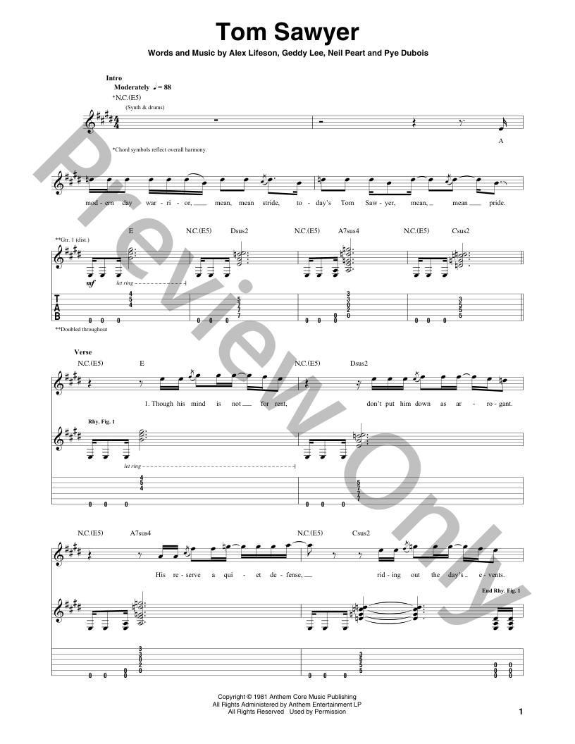 Tom Sawyer Guitar/Fretted Sheet Music | J.W. Pepper
