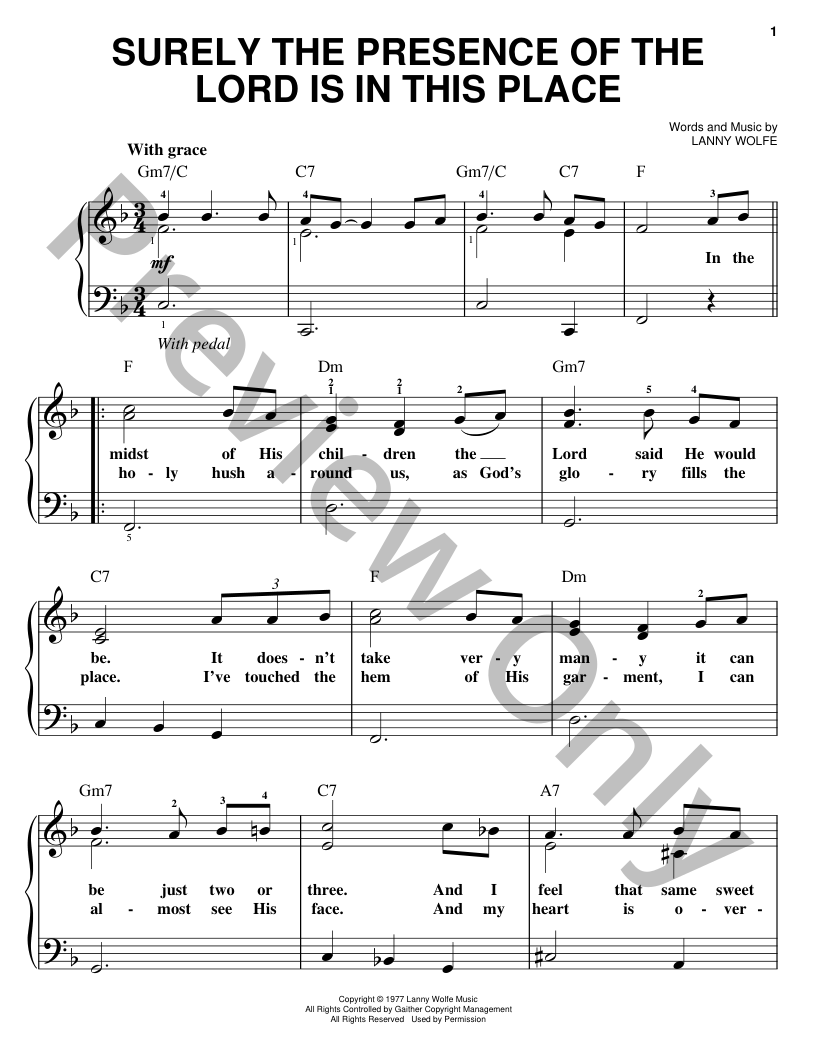 Surely The Presence Of The Lord Is In This Place Easy Piano Sheet Music ...