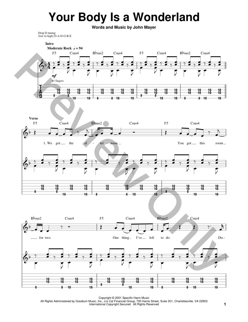 Your Body Is A Wonderland Guitar/Fretted Sheet Music | J.W. Pepper