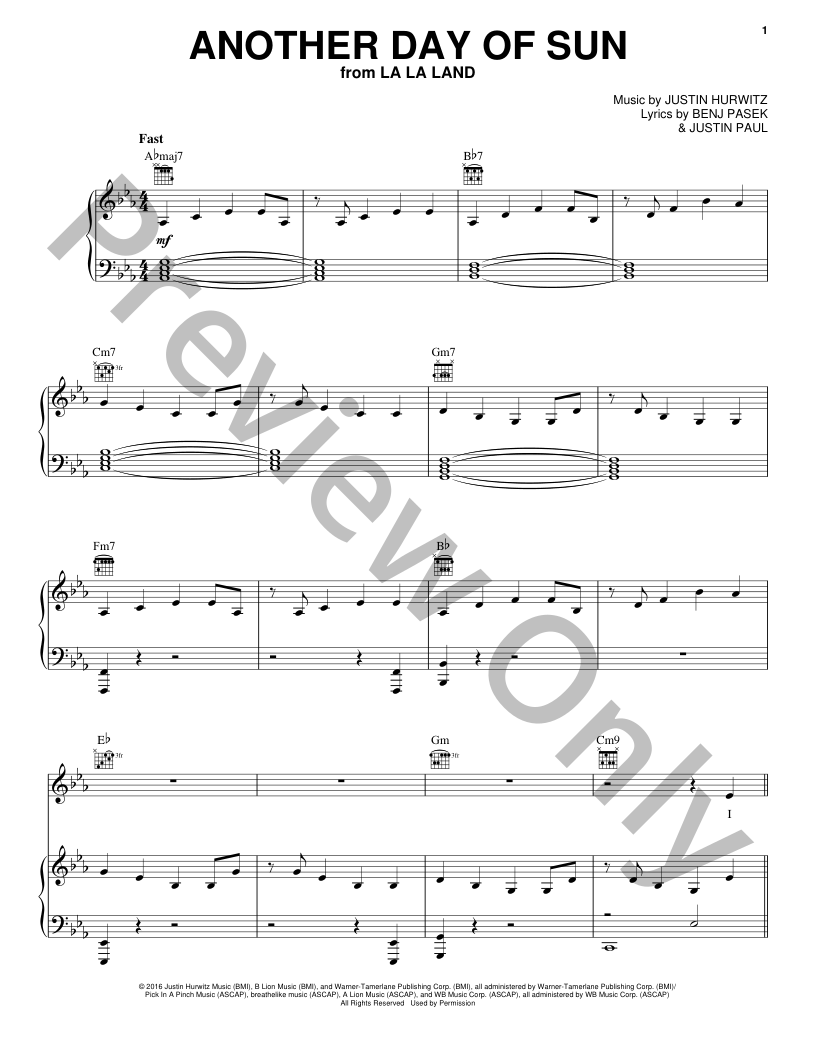 Another Day Of Sun P/V/G Sheet Music | J.W. Pepper
