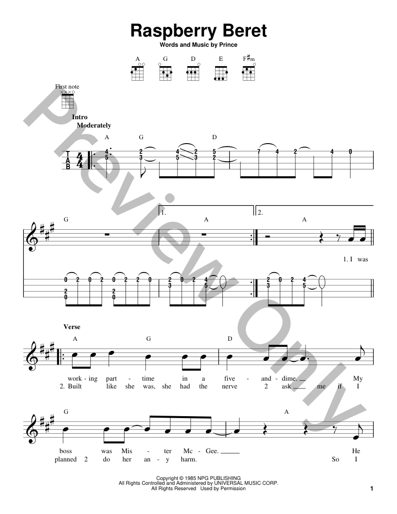 Raspberry Beret Guitar/Fretted Sheet Music | J.W. Pepper