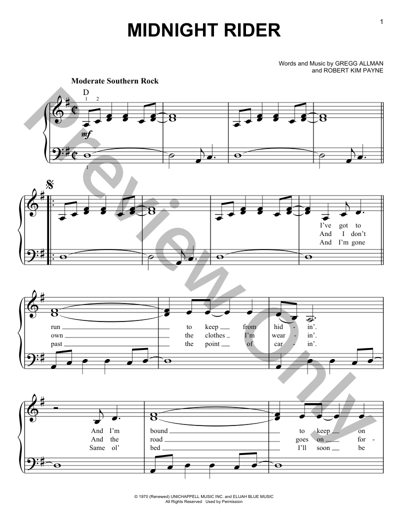 Midnight Rider Easy Piano Sheet Music | J.W. Pepper