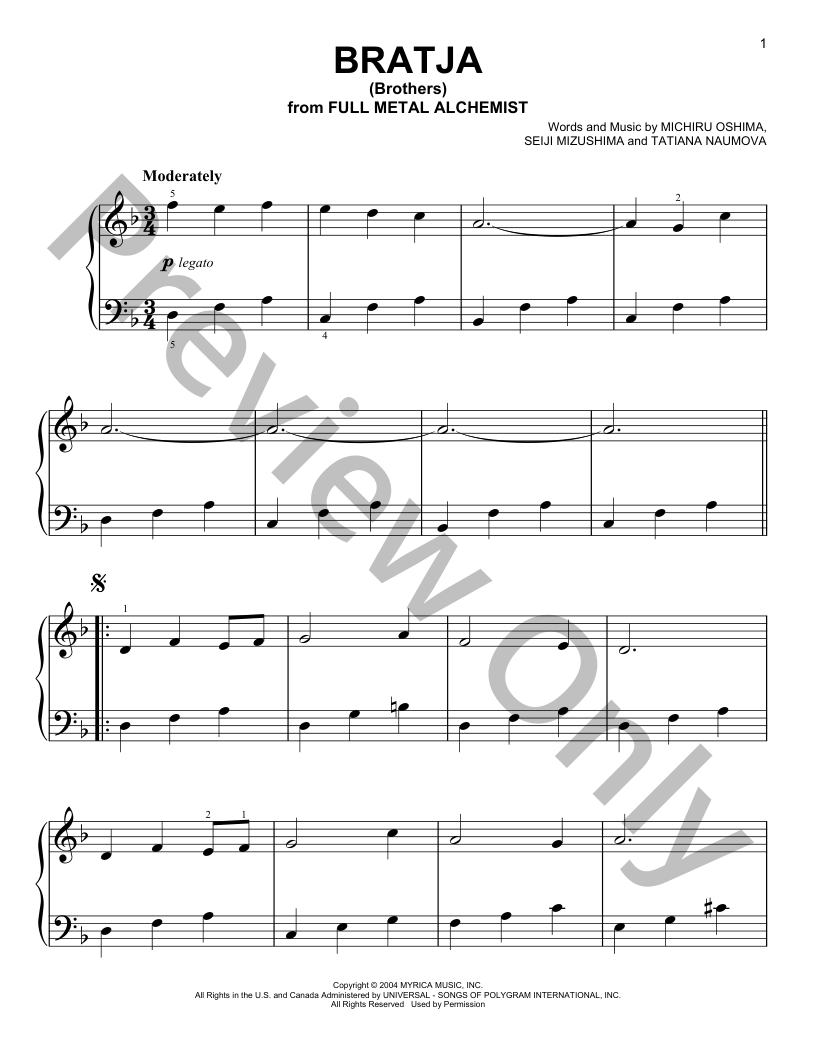 Bratja (Brothers) (from Fullmetal Alchemist) Easy Piano Sheet