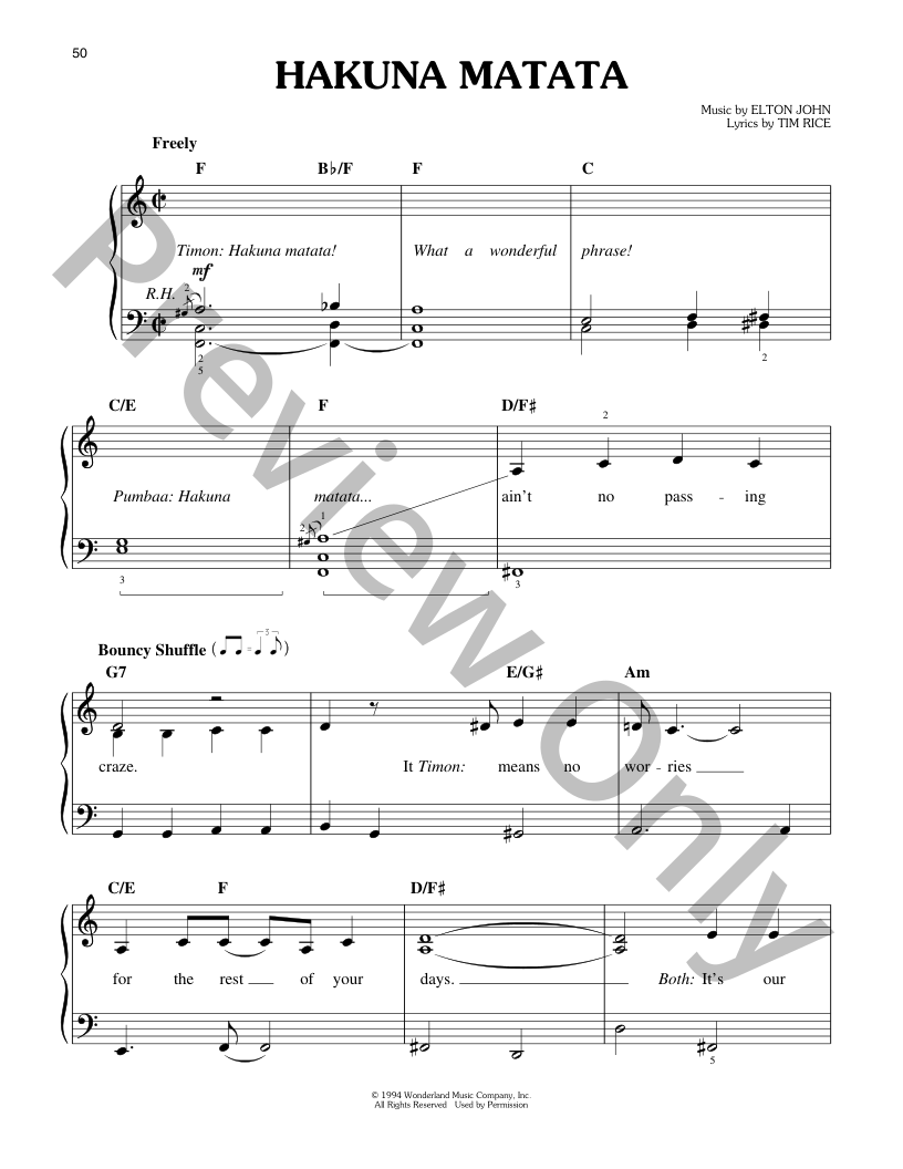 Hakuna Matata Easy Piano Sheet Music | J.W. Pepper