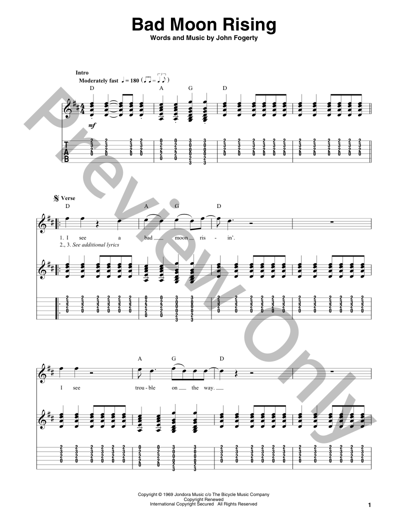 Bad Moon Rising Guitar/Fretted Sheet Music | J.W. Pepper