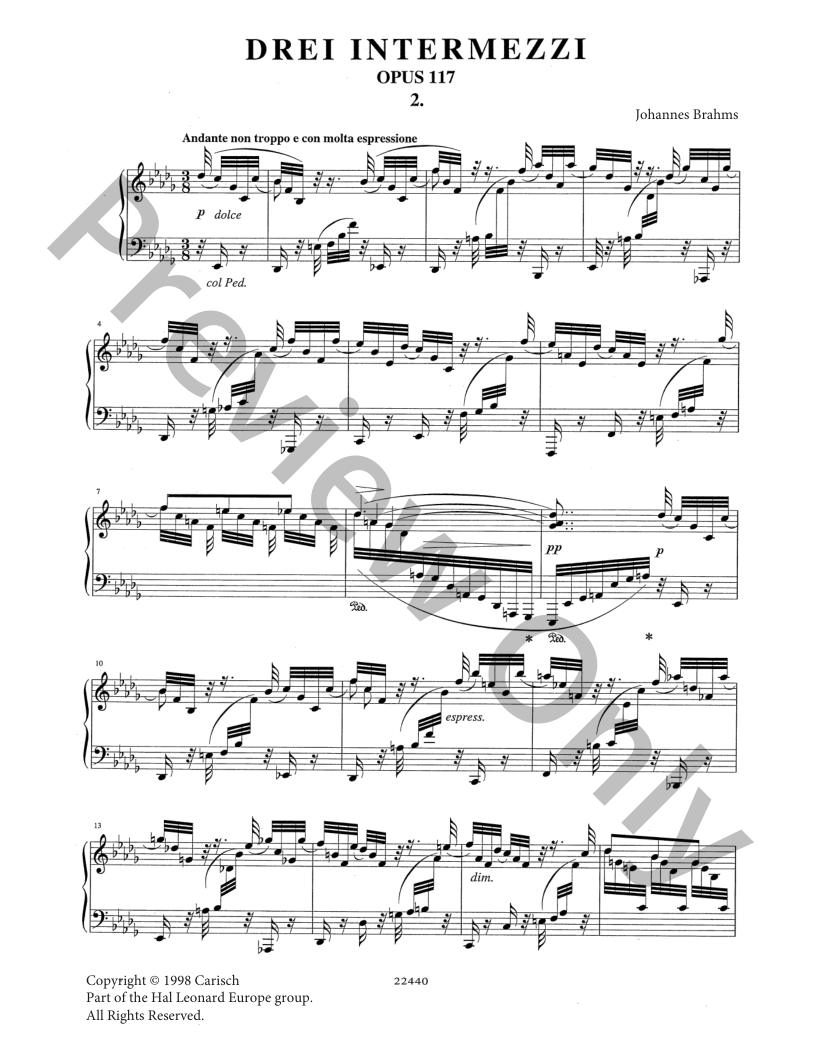 Intermezzo in B Flat Minor Op. 117 #2 Piano Sheet Music | J.W. Pepper