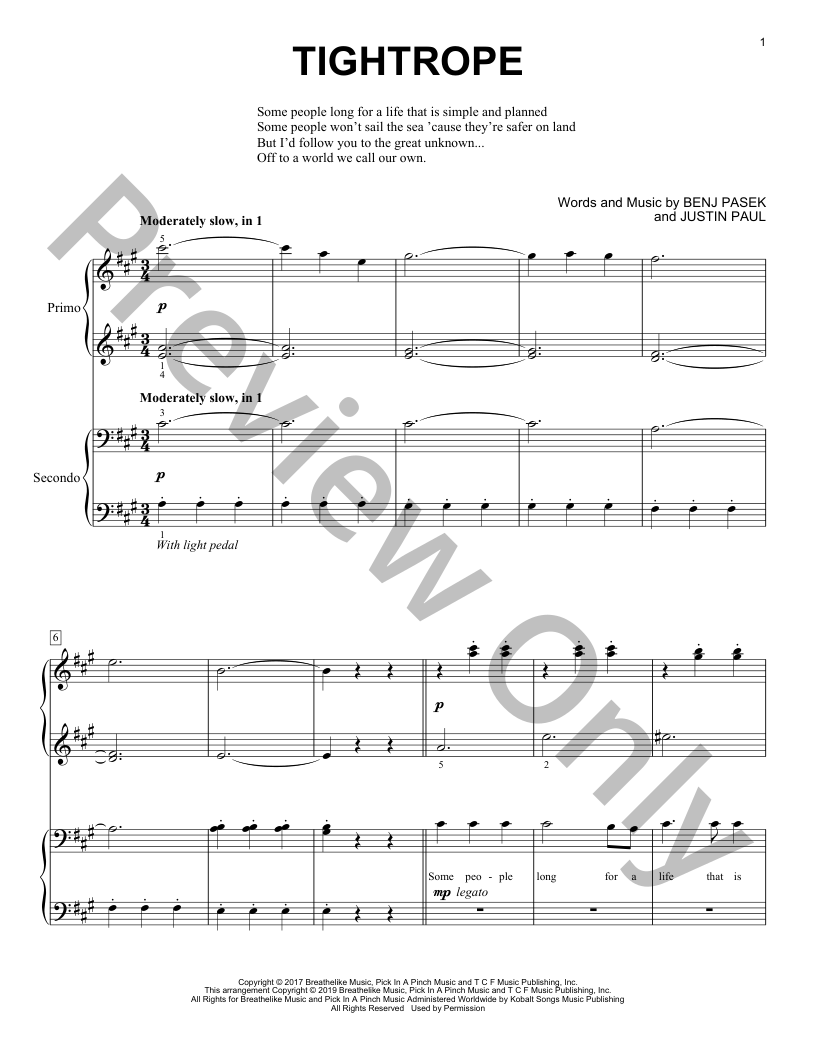 アンセム Tightrope 楽譜集 Tightrope Piano Sheet Music | J.W. Pepper