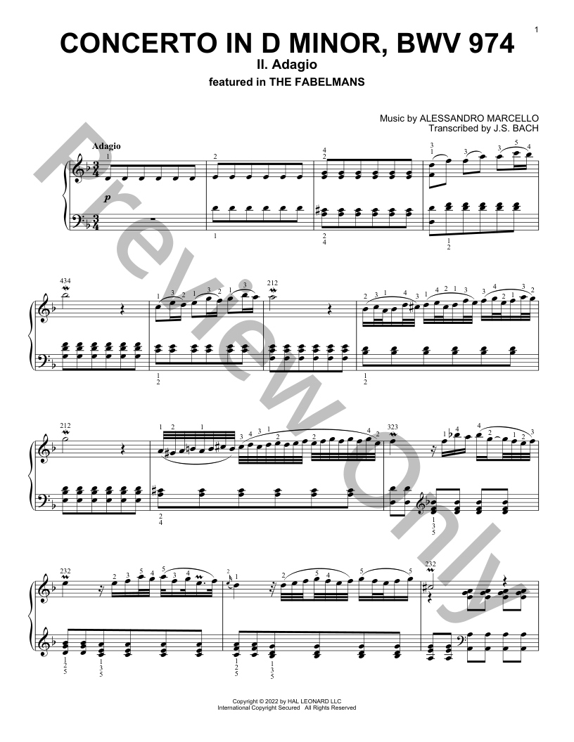 Concerto In D Minor, BWV 974 (II: Adagio) Piano Sheet Music | J.W.