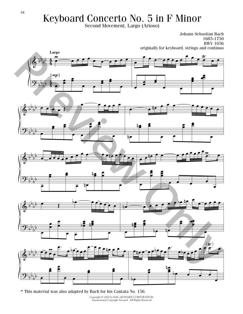 Piano Concerto #5 In F Minor (BWV 1056 II: Largo) Piano Sheet
