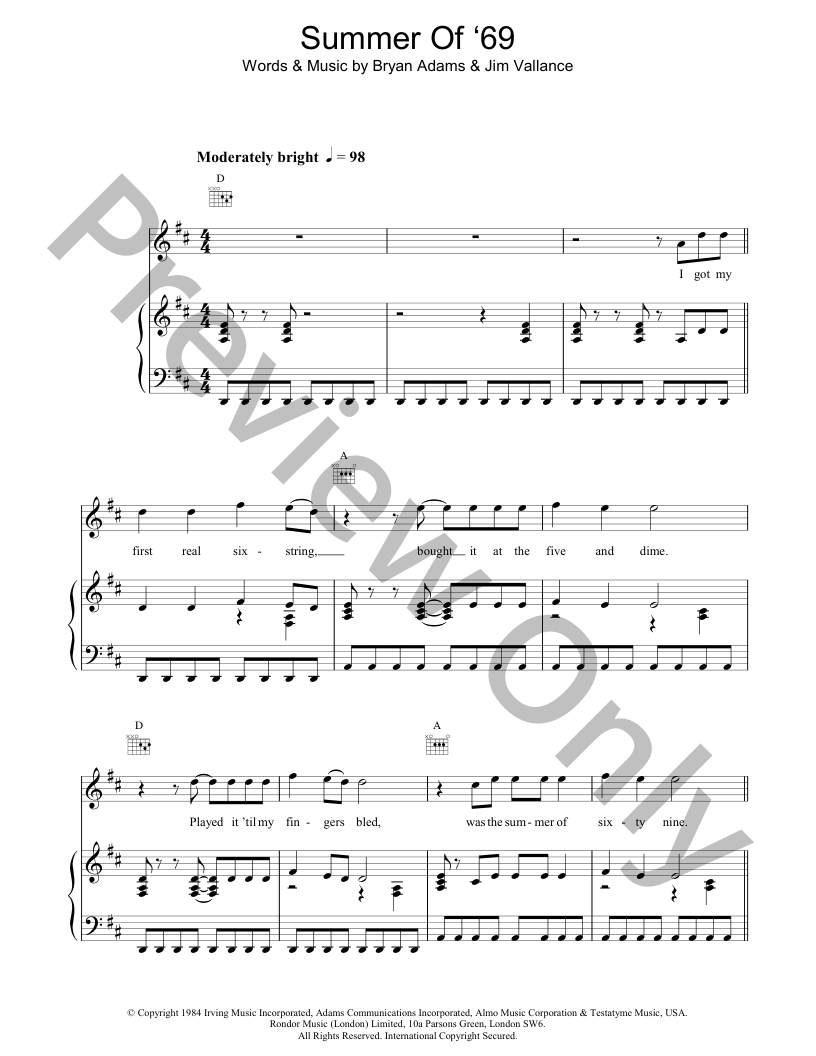 Summer of '69 P/V/G Sheet Music J.W. Pepper
