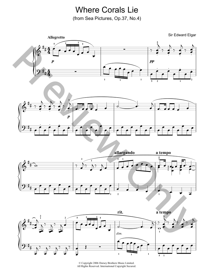 Where Corals Lie From Sea Pictures Five Finger Piano Sheet Music J W 