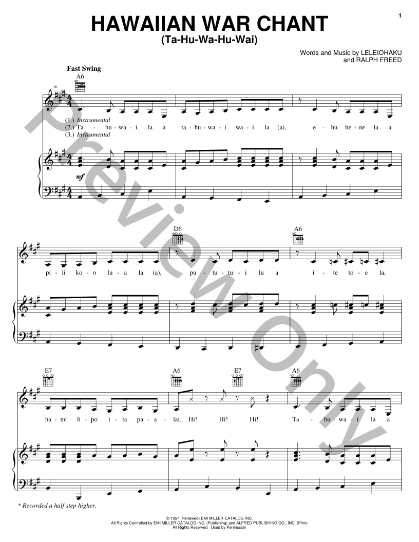 Hawaiian War Chant Ta Hu Wa Hu Wai P/V/G Sheet Music | J.W. Pepper