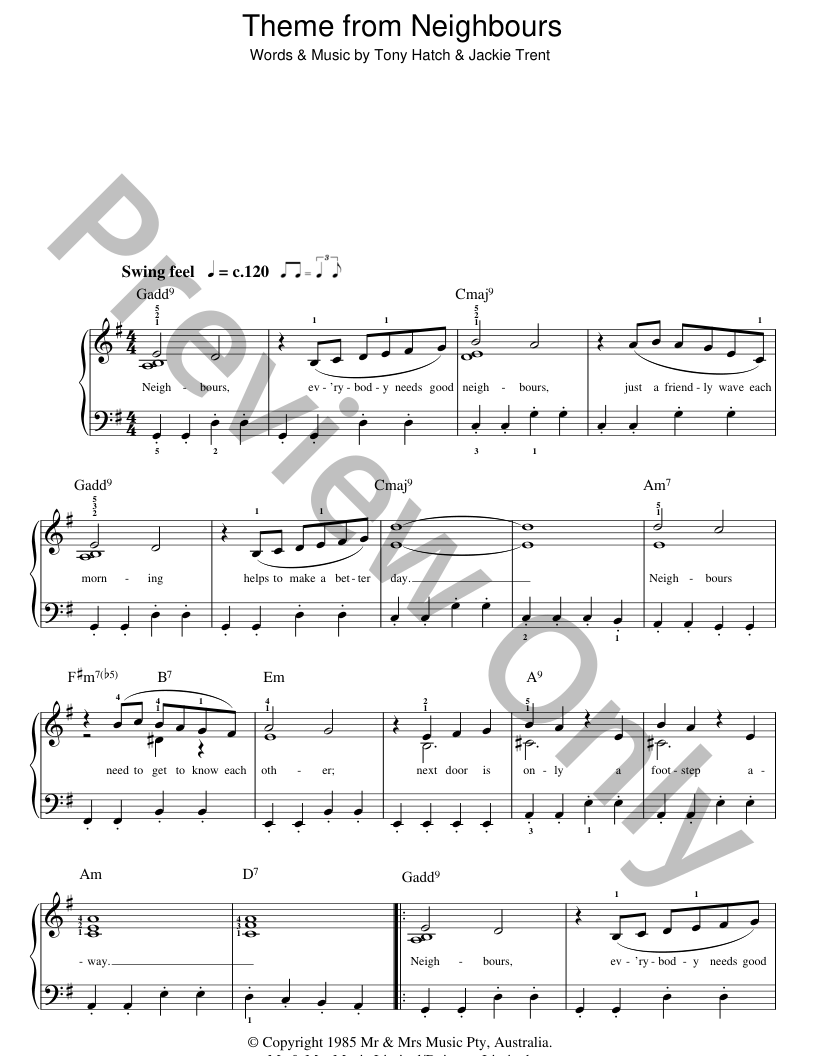 Theme from Neighbours Easy Piano Sheet Music | J.W. Pepper