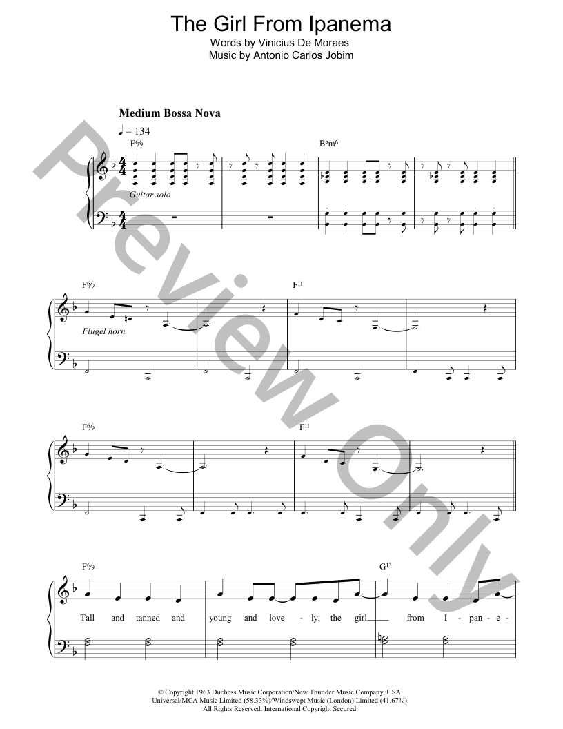 福井ともみ/The Bossa Nova Songbook/女性Vo.用/楽譜 The Girl from Ipanema (Garota de Ipanema) Easy Piano Sheet Music