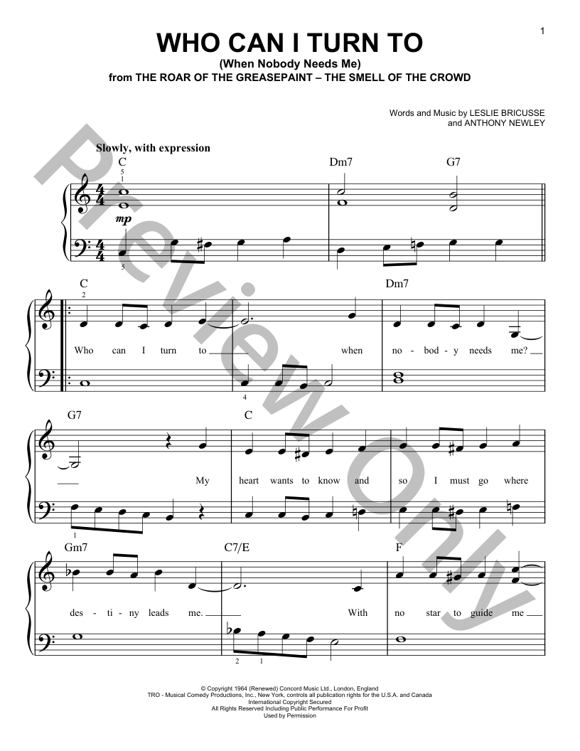 ボーカル　ビッグバンド譜面：WHO CAN I TURN TO? Who Can I Turn to (When Nobody Needs Me) Easy Piano Sheet Music