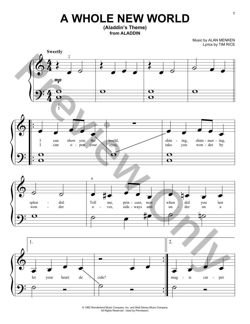 A Whole New World (Aladdin's Theme) Big Note Piano Sheet Music | J.W ...