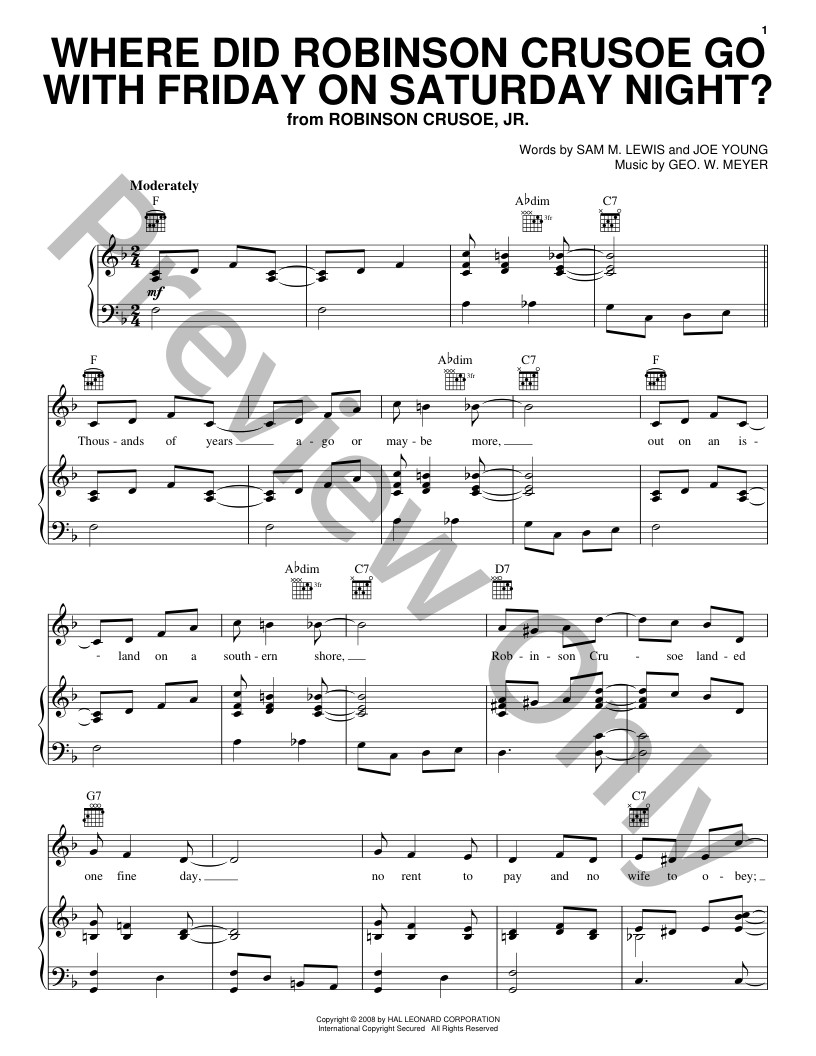 Where Did Robinson Crusoe Go with Friday on Saturday Night? P/V/G Sheet