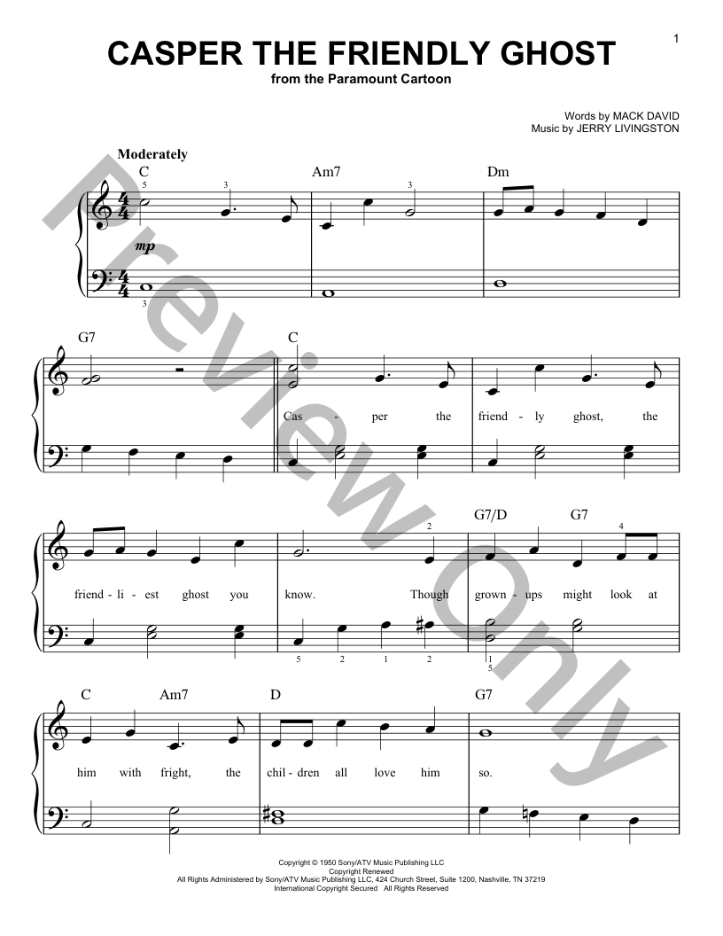 Casper the Friendly Ghost Easy Piano Sheet Music | J.W. Pepper