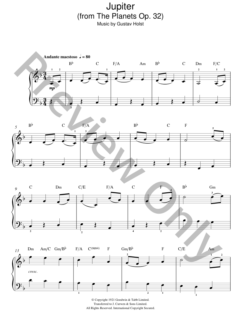Jupiter (from the Planets Op. 32) Easy Piano Sheet Music | J.W. Pepper