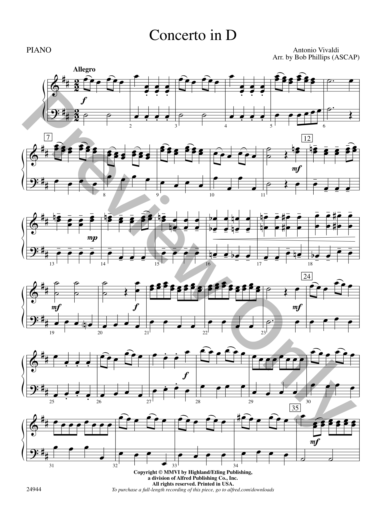 Concerto in D Orchestra Sheet Music | J.W. Pepper