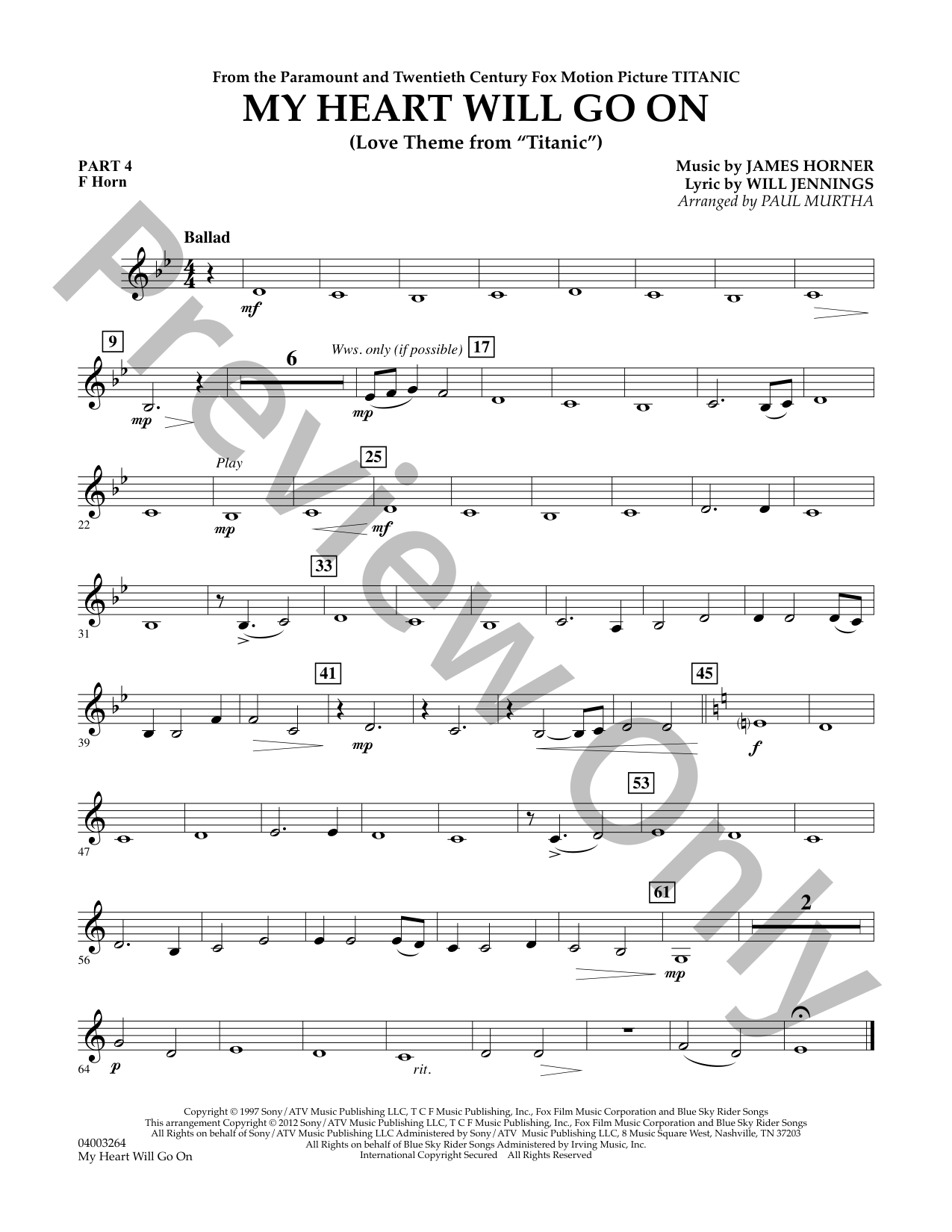 My Heart Will Go On Concert Band Sheet Music | J.W. Pepper