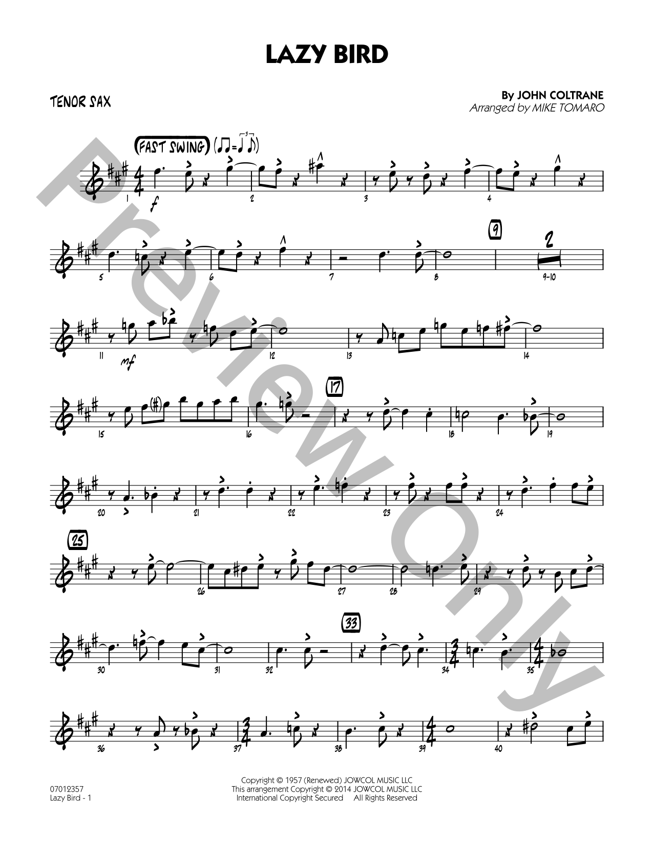 Lazy Bird Jazz Sheet Music | J.W. Pepper
