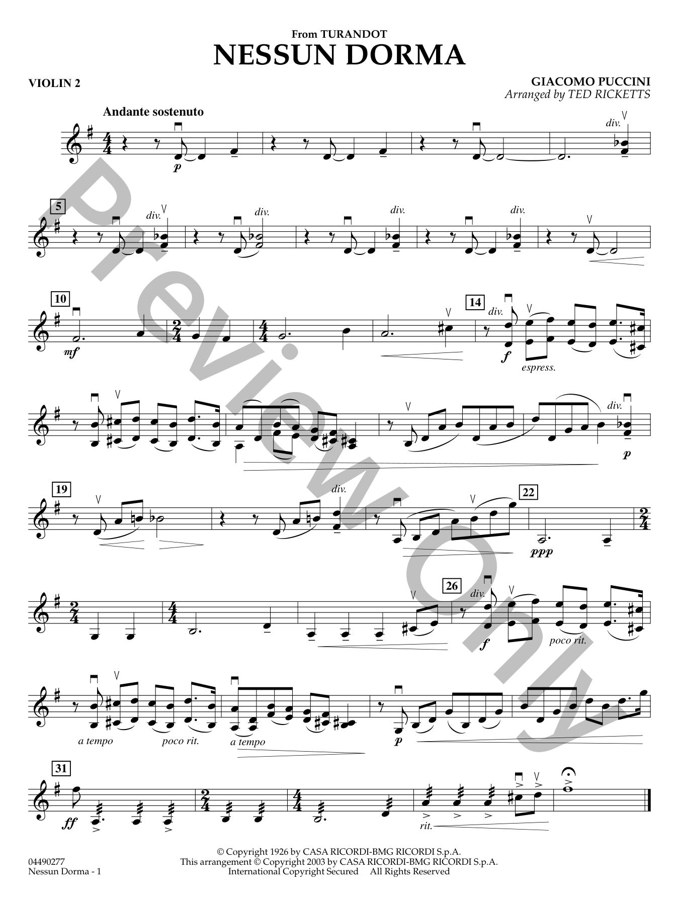 Nessun Dorma Orchestra Sheet Music | J.W. Pepper