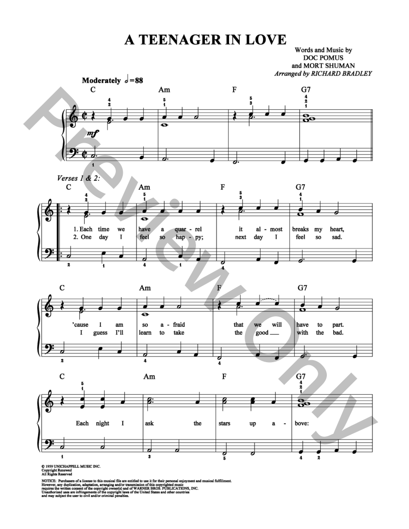 Teenager in Love Easy Piano Sheet Music | J.W. Pepper