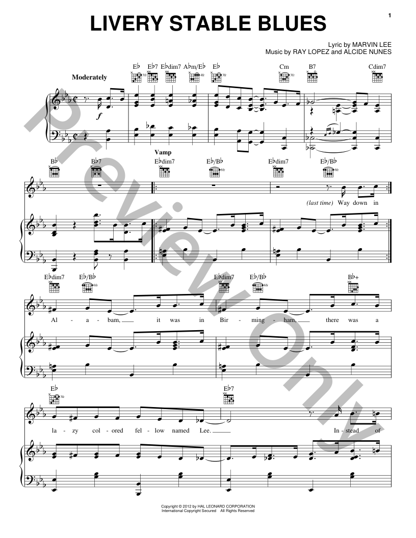 Livery Stable Blues P/V/G Sheet Music J.W. Pepper