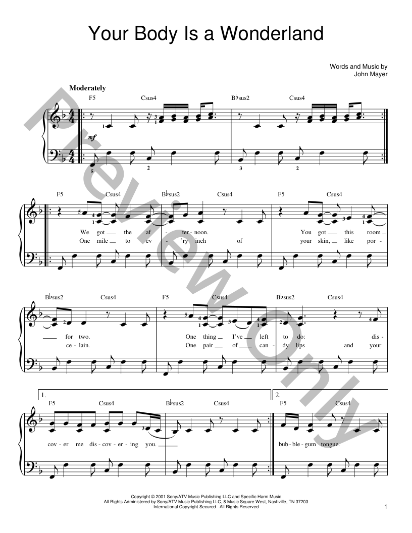 Your Body Is A Wonderland Easy Piano Sheet Music | J.W. Pepper