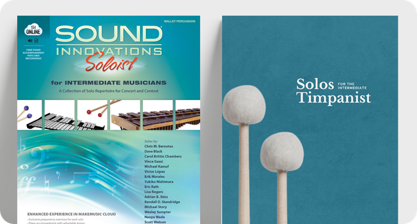 Percussion sheet muisc covers Sound Innovations Soloist and Solos for the Intermediate Timpanist.
