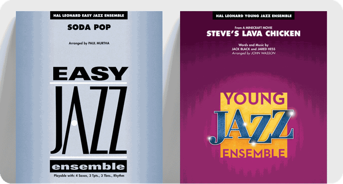 Jazz ensemble pop sheet music covers for Soda Pop and Steve's Lava Chicken.