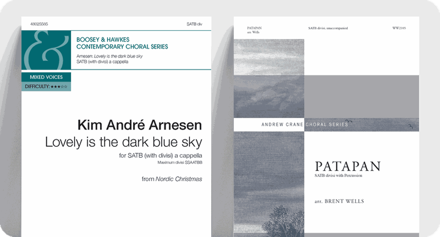 New Christmas choral sheet music covers of Lovely is the Dark Blue Sky and Patapan..