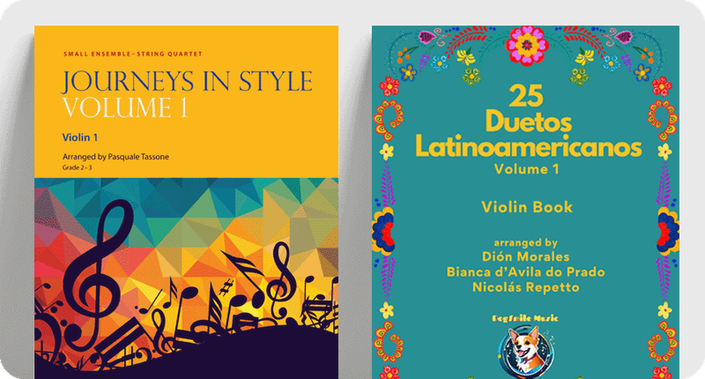 String sheet music covers Journeys in Style Volume 1 and 25 Duetos Latinoamericanos.