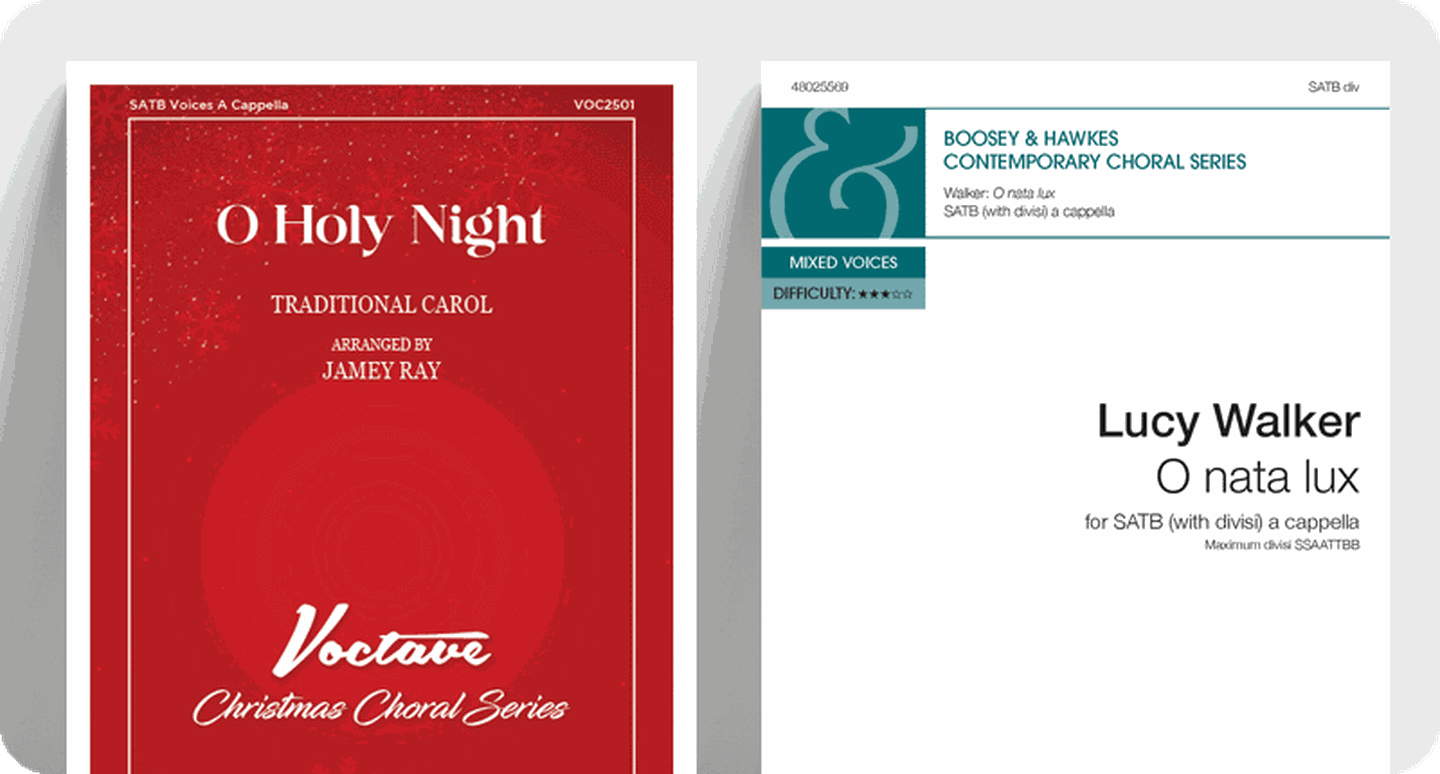 New Christmas sheet music covers of O Holy Night and O Nata Lux.