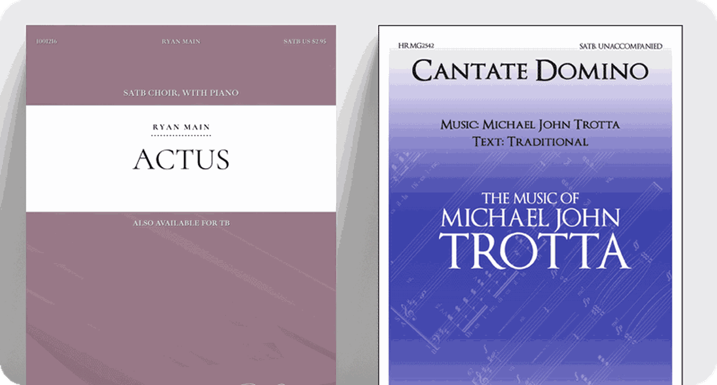 Choral sheet music covers for concert & festival works Actus and Cantate Domin.