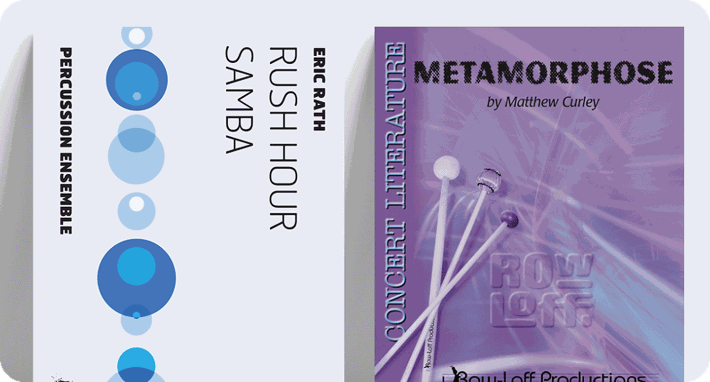 Percussion ensemble sheet music covers Rush Hour Samba and Metamorphose.