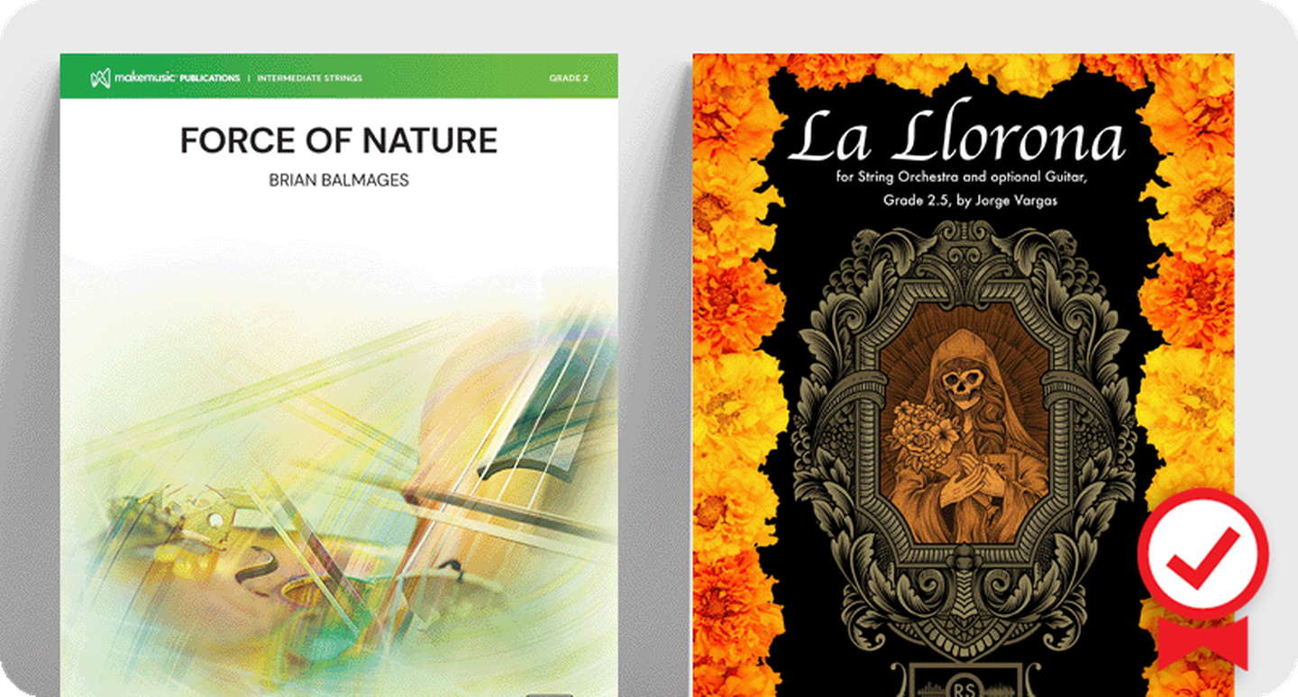 Sheet music covers for New Editors' Choice selections for orchestra.