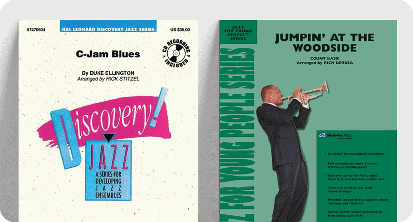 Jazz standards sheet music covers C-Jam Blues and Jumpin' at the Woodside.