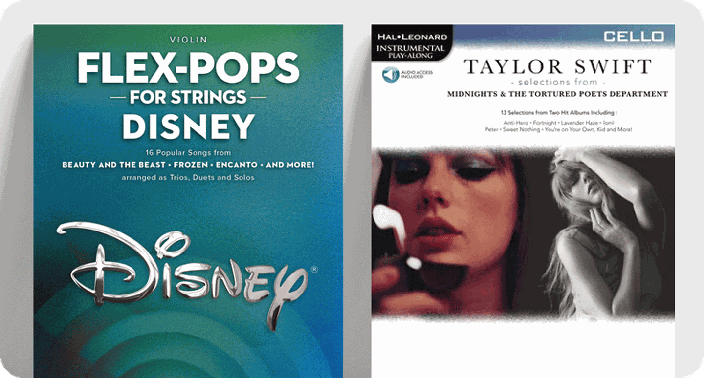 Pop string sheet music covers Flex-Pops for Strings Disney and Taylor Swift Selections from Midnights & The Tortured Poets Department.