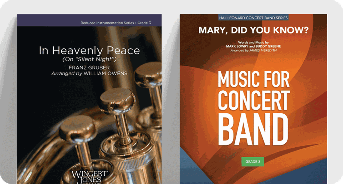 Concert band sheet music covers for new Christmas titles..