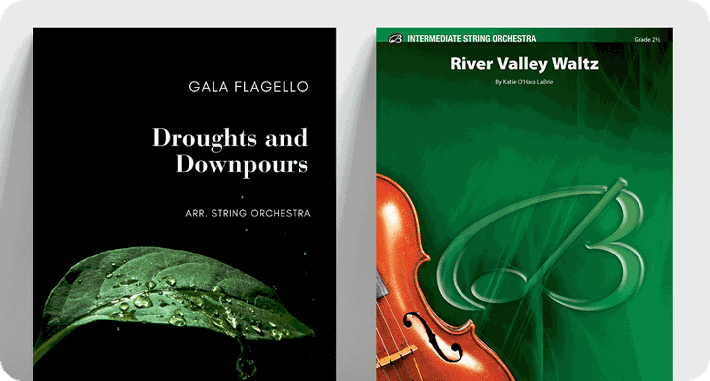 Sheet music covers for new original string orchestra works Droughts and Downpours and River Valley Waltz.