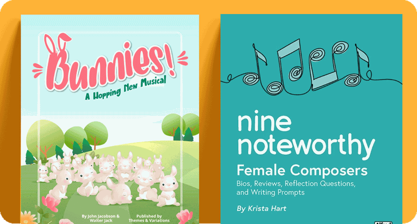 General music seasonal spring resources covers for Bunnies A Hopping New Musical and Nine Noteworthy Female Composers.
