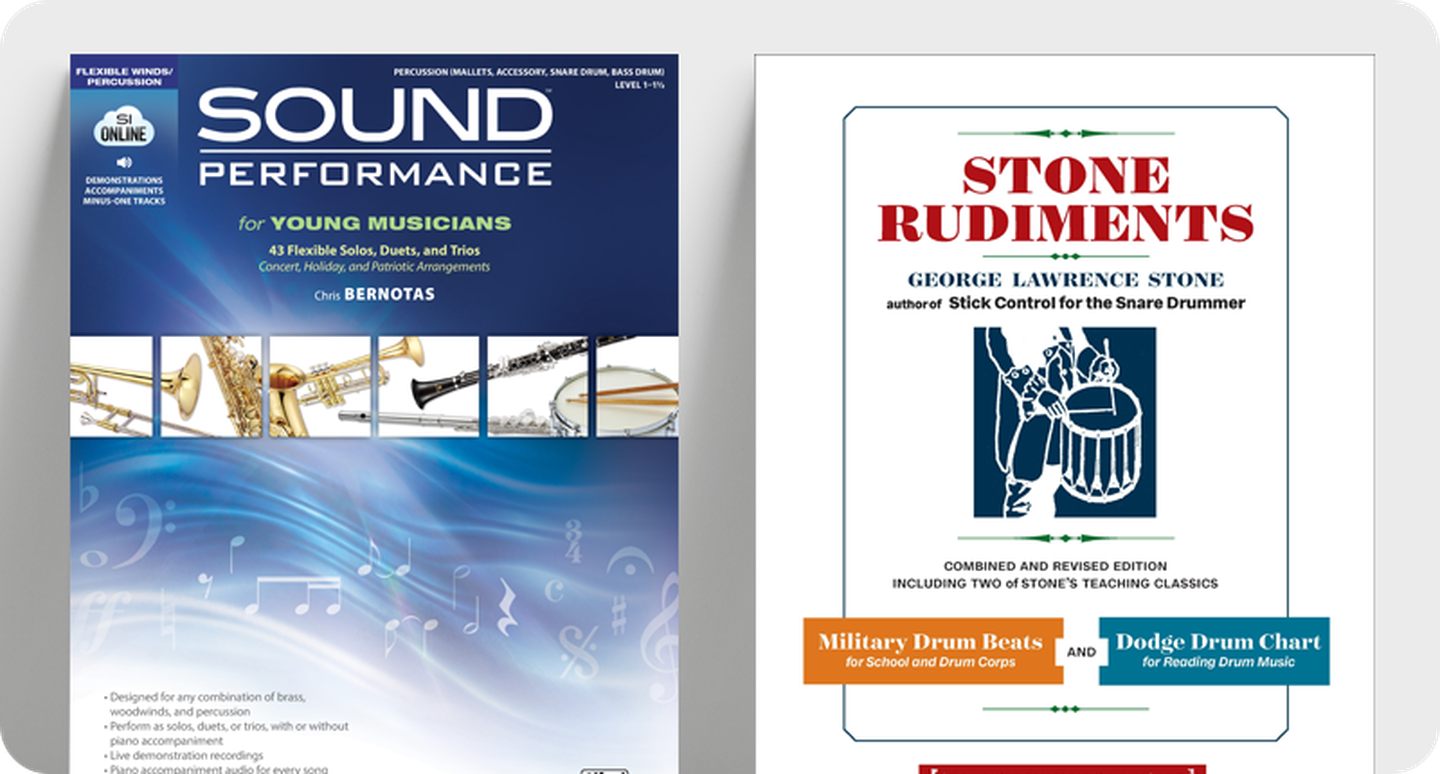 Percussion method book covers Sound Performance for Young Musicians and Stone Rudiments.
