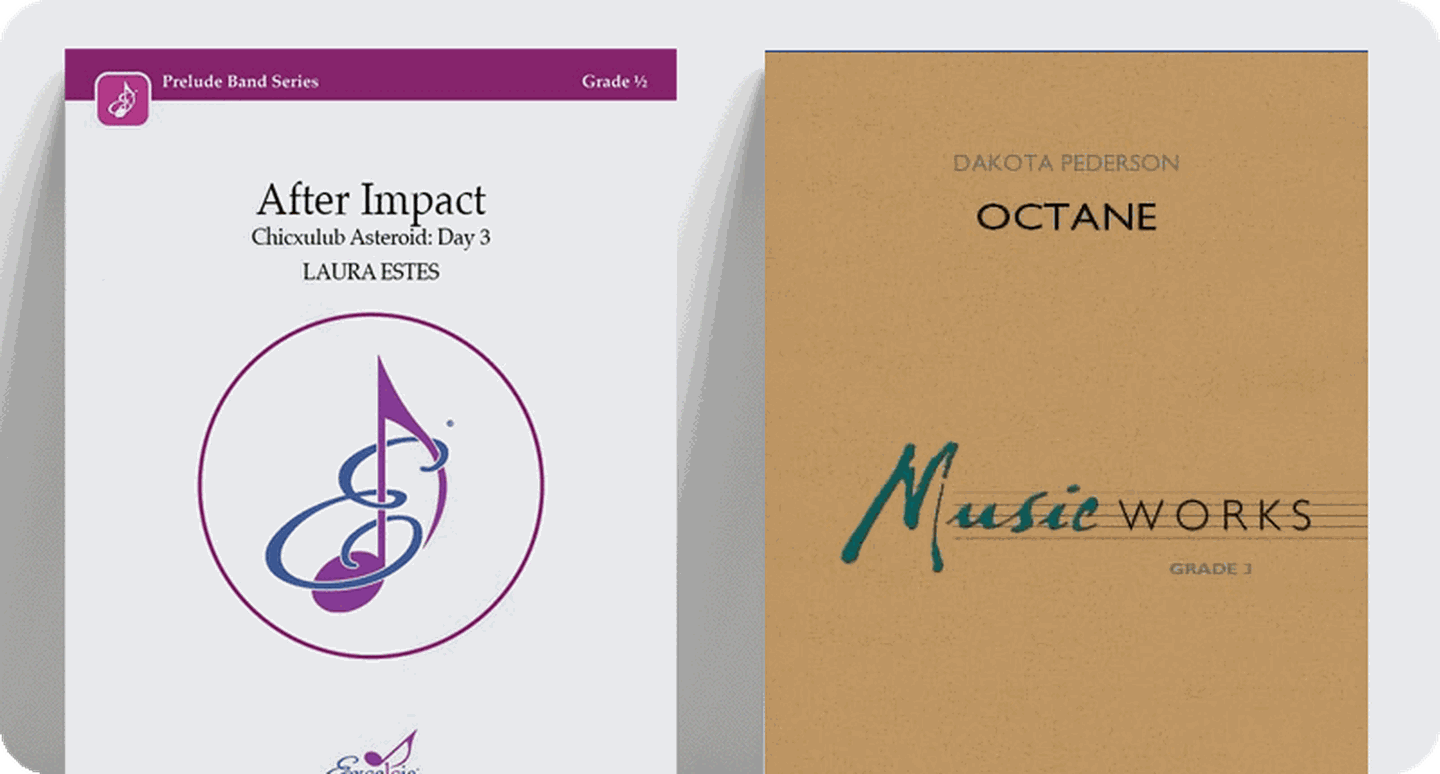 Concert band sheet music covers for new concert and contest titles.