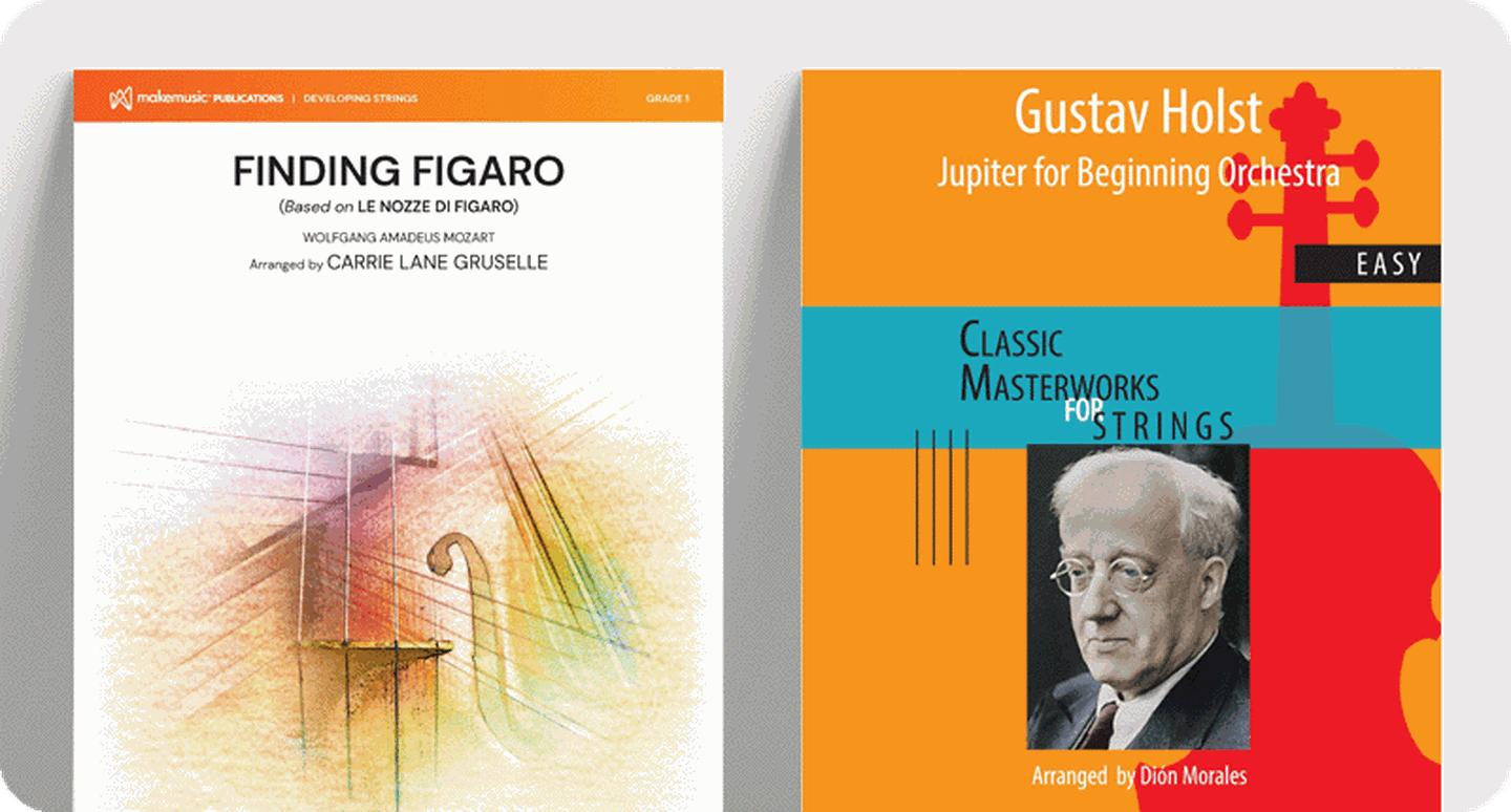 Sheet music covers for new classical arrangements for string orchestra.