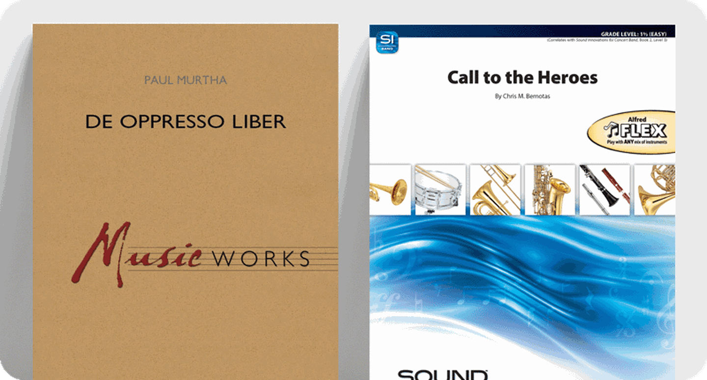 Patriotic concert band sheet music covers De Oppresso Liber and Call to the Heroes.