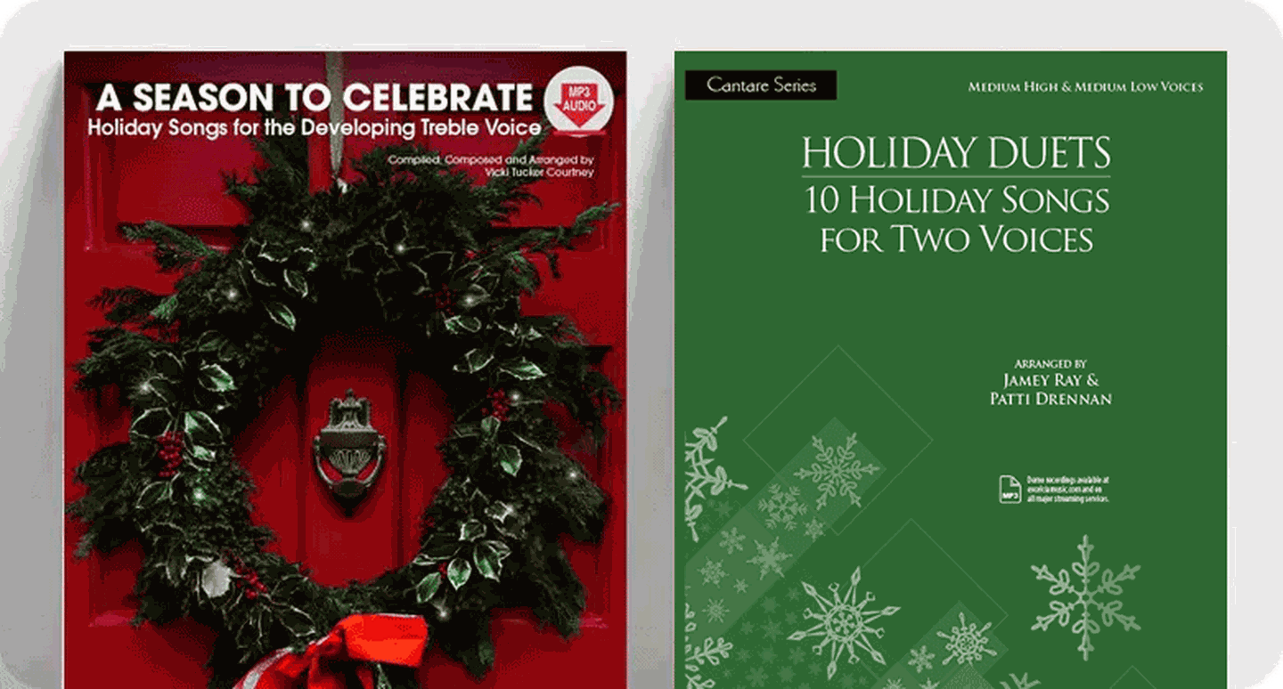 Christmas vocal sheet music covers A Season to Celebrate and 10 Holiday Songs for Two Voices..