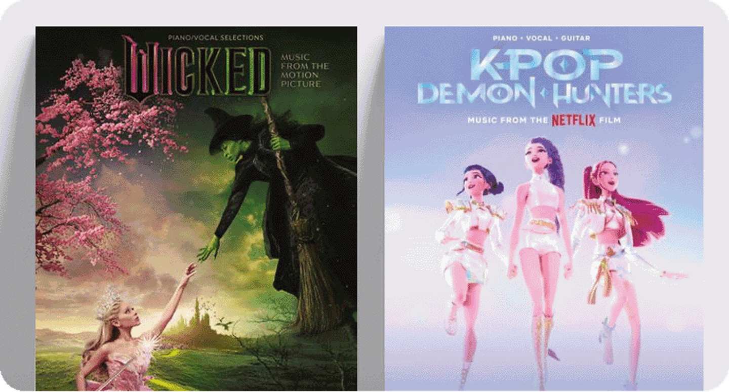 Pop piano sheet music covers Wicked and K-Pop Demon Hunters.