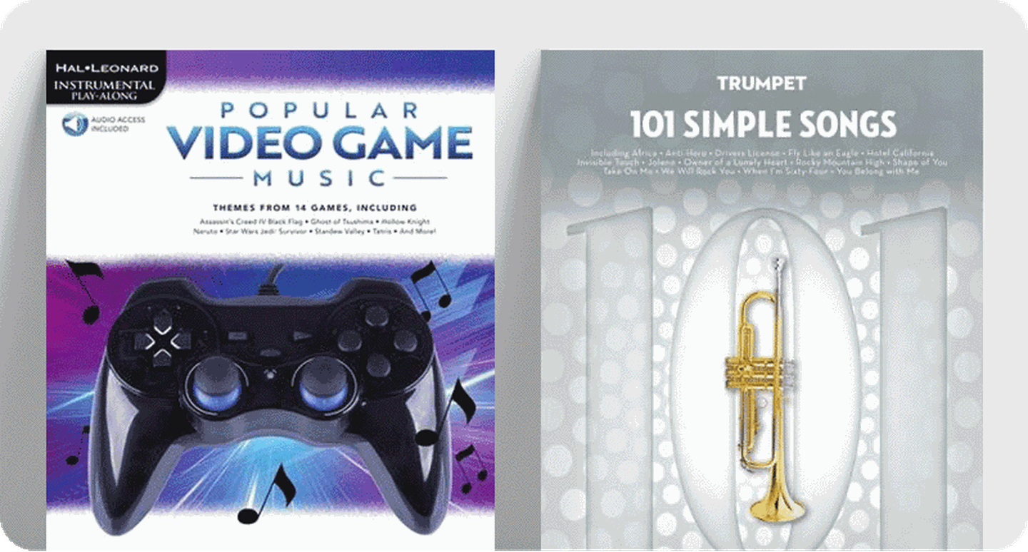 Pop brass sheet music covers Popular Video Game Music and 101 Simple Songs.
